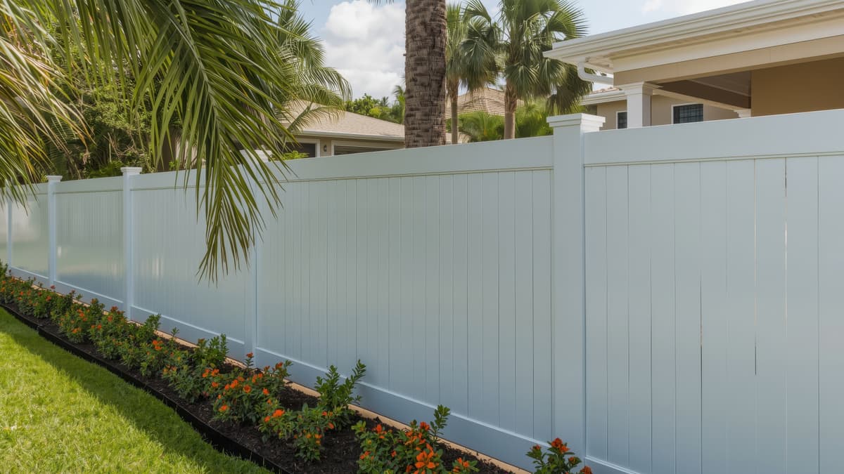 White vinyl privacy fence along a landscaped Florida yard with palm trees and stucco homes in the background