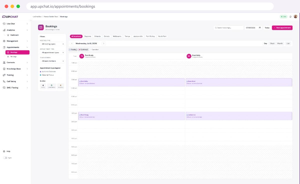 UpChat Bookings dashboard in a browser window showing a day view of confirmed and pending in-home estimate appointments across two team members