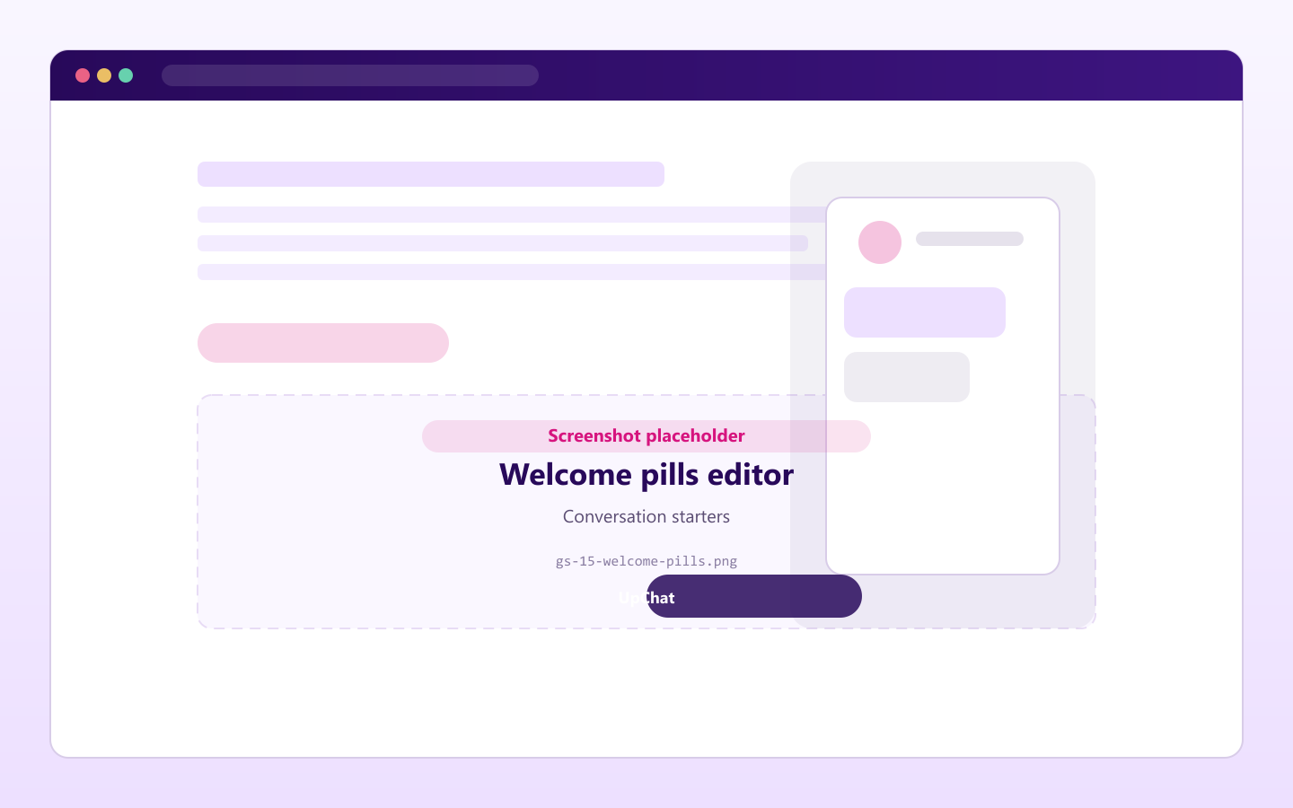 The Welcome tab showing the Welcome Pills editor with add and remove controls, pill colors, and a live preview.